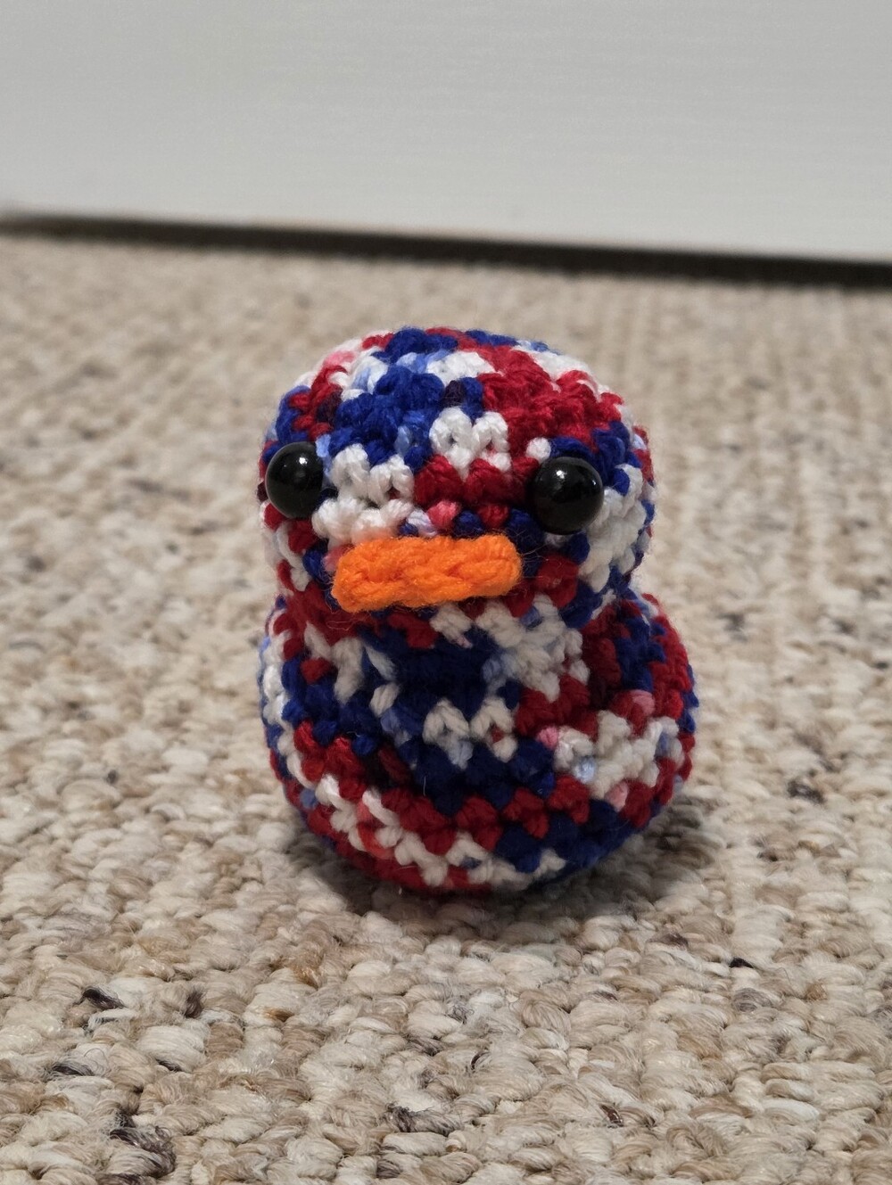 Hand Crafted Red White Blue Crochet Duck with Orange Beak